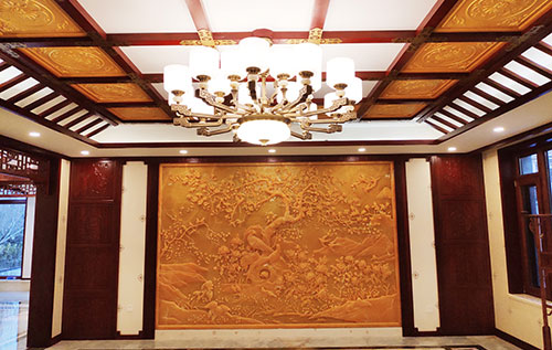 宁德中式别墅客厅中式木作横梁吊顶装饰展示
